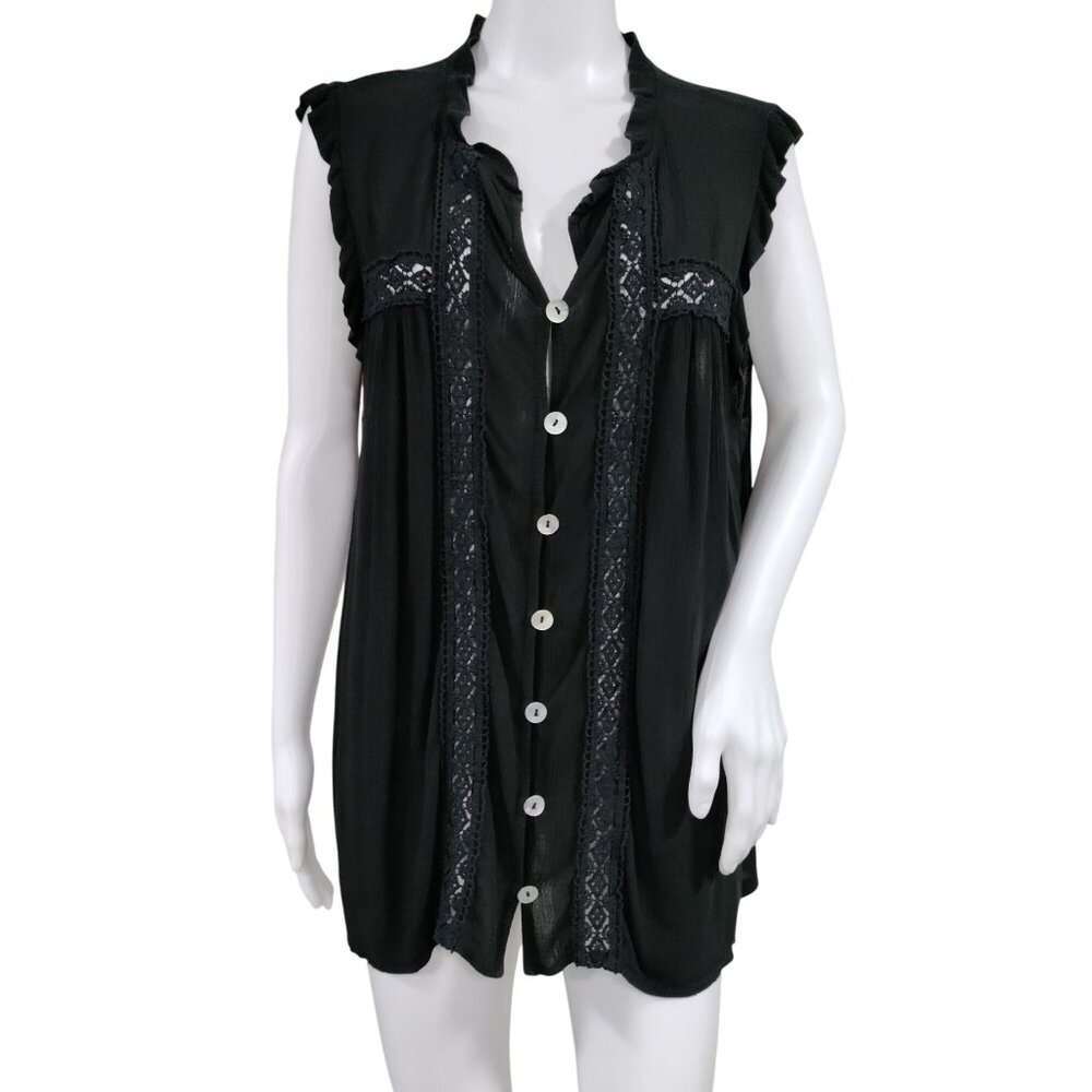 Made in Italy Whimsy Boho Black Lace Trim Ruffle Button Up Sleeve Blouse